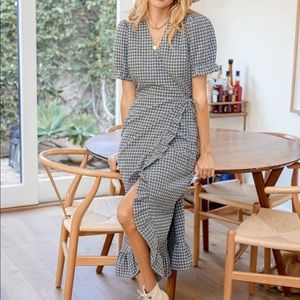 Lulus navy blue plaid ruffle midi wrap dress